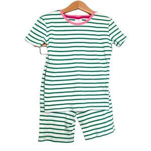Mini Boden Girls Set Pointelle Green Striped Top & Shorts Set 7Y Pink Neckline